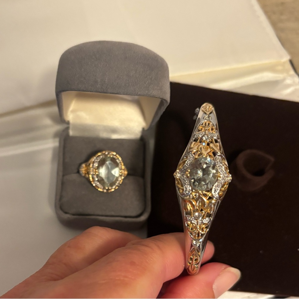 SALE!!Elegant Prasiolite Silver and Gold Ring and Bracelet